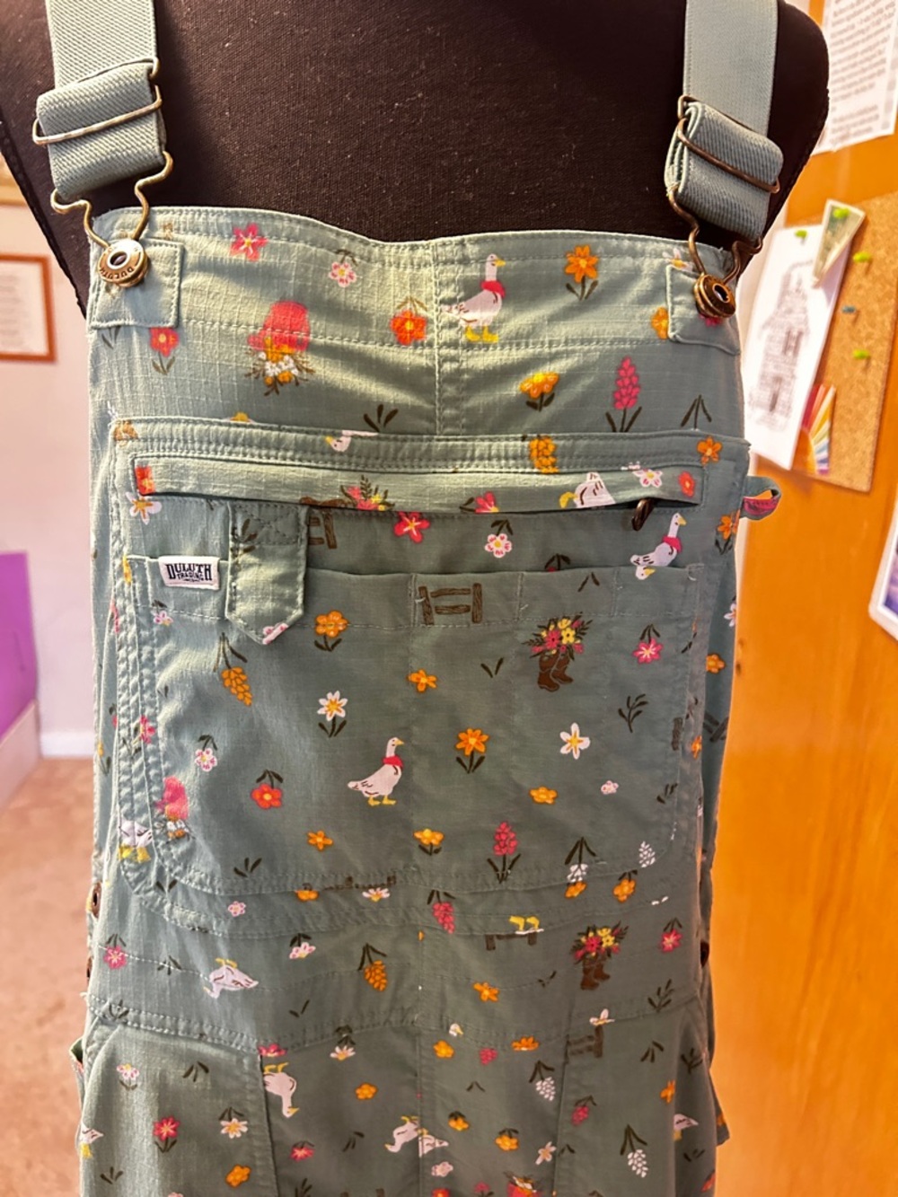 Duluth Trading Co. Sage Green Duck & Floral Print Overalls